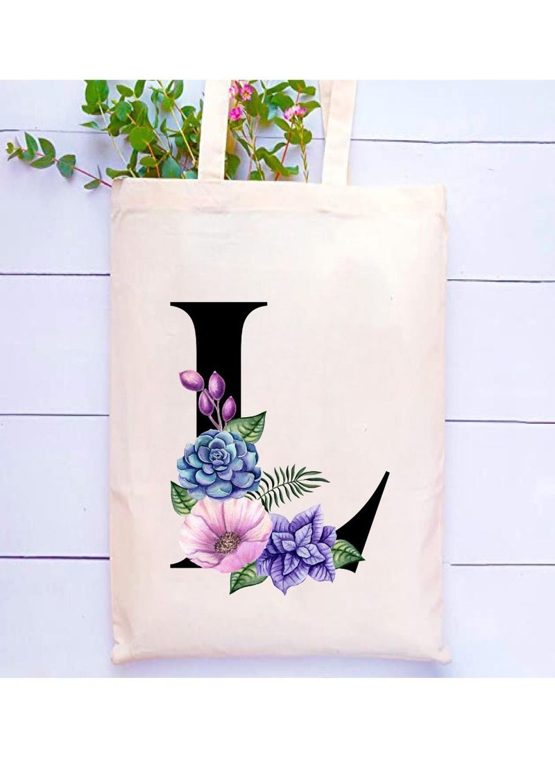 برينت شوب فور مي حقيبة يد قطنية قماشية صديقة للبيئة بتصميم أزهار على حقائب وصيفات العروس مطبوعة بأحرف أولية للنساء - حقيبة تسوق قابلة لإعادة الاستخدام ، فكرة هدية للحفلات وحقيبة هدايا قطنية - Image 2