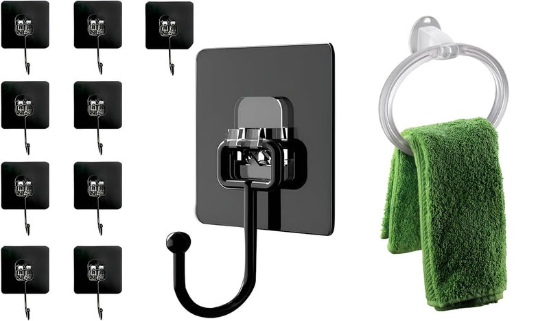 Wall Sticker Hook Pack of 10 Black Color 3Layer Material HeavyDuty Adhesive Hooks WallMounted Plastic Towel Ring Holder Durable and SpaceSaving Bathroom Accessory