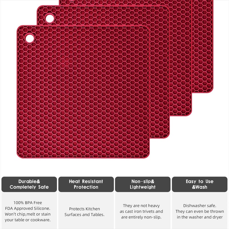 Smithcraft Silicone Trivets for Hot Dishes Pots and Pans Hot Pads for Kitchen Merlot Red Silicone Pot Holders Mats for Kitchen Quartz Counter Heat Resistant Mat Flexible Table Trivet Mat Set 4 - Image 3
