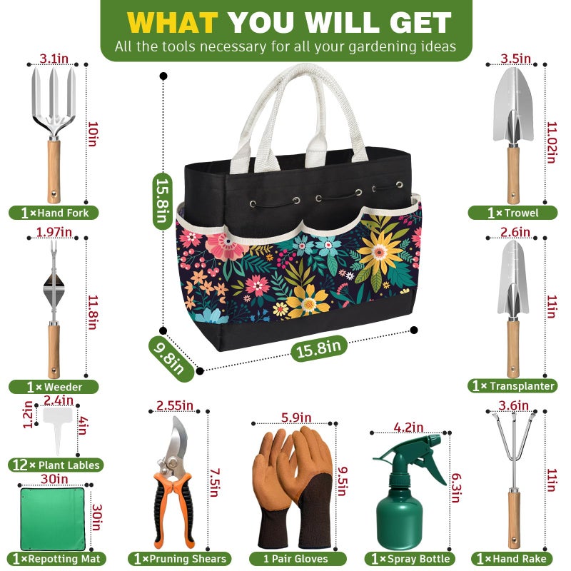 OUREST 22Pcs Gardening Tools Set for Women Heavy Duty Garden Hand Tool Kit Gardener Gifts for Beginner Gardening Accessories with Tote Bag/Shovel/Repotting Mat/Plant Labels/Gloves-Black - Image 2