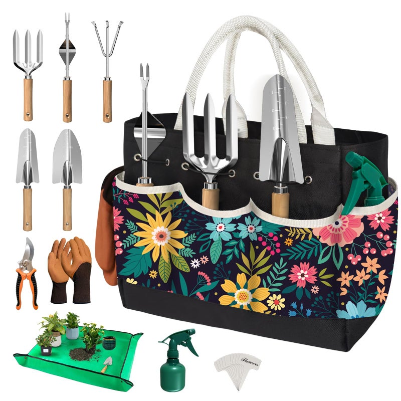 OUREST 22Pcs Gardening Tools Set for Women Heavy Duty Garden Hand Tool Kit Gardener Gifts for Beginner Gardening Accessories with Tote Bag/Shovel/Repotting Mat/Plant Labels/Gloves-Black - Image 1