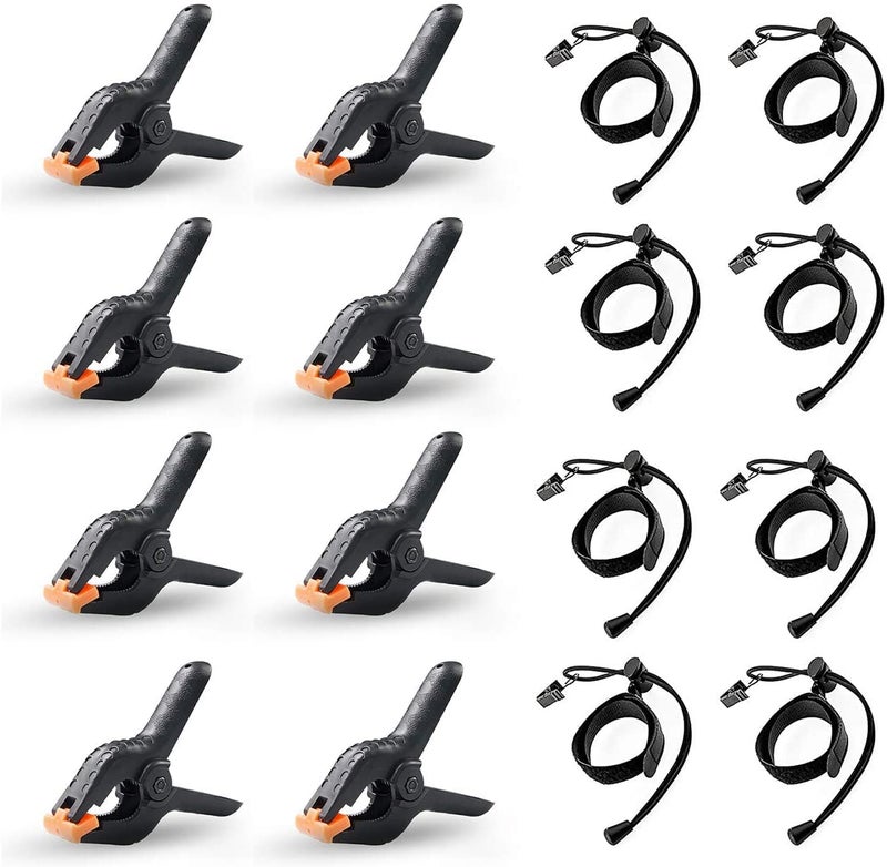 SHOPEE 16 Clips Include 8 Heavy Duty Spring Clips, 8 Backdrop Background Clip Holders, Adjustable Elastic Nylon Photo Clips, for Photography and Video Studio Shooting - Image 1