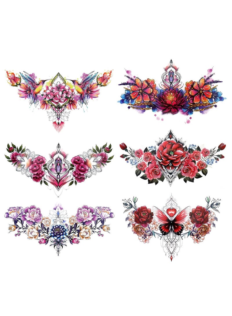 ORAINBOW 6 Sheets Colorful Chest Temporary Tattoos for Women Girls Large Adult Temporary Tattoos Rose Flower Jewel Fake Tattoos for Women Sexy Tattoos Last Long Realistic Body Tattoos on Chest Back Tummy - Image 1