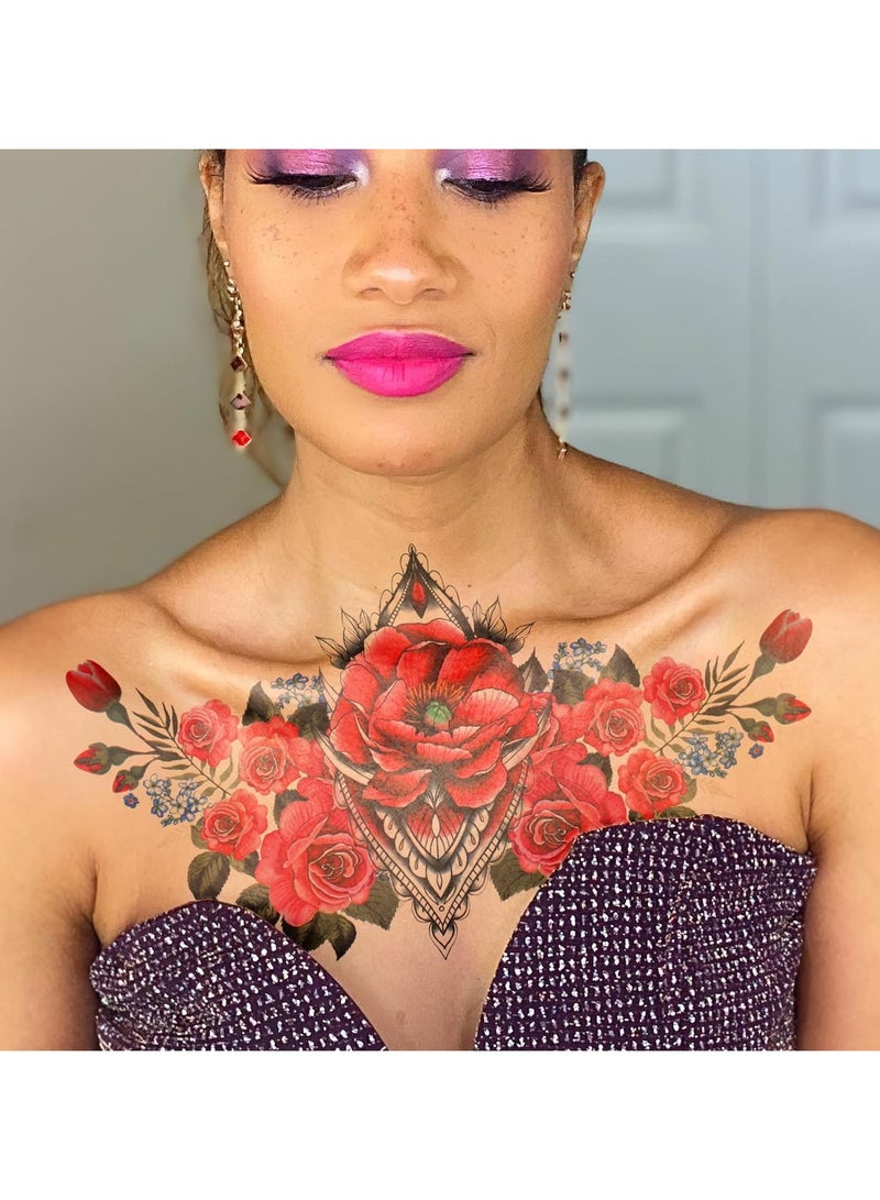 ORAINBOW 6 Sheets Colorful Chest Temporary Tattoos for Women Girls Large Adult Temporary Tattoos Rose Flower Jewel Fake Tattoos for Women Sexy Tattoos Last Long Realistic Body Tattoos on Chest Back Tummy - Image 4