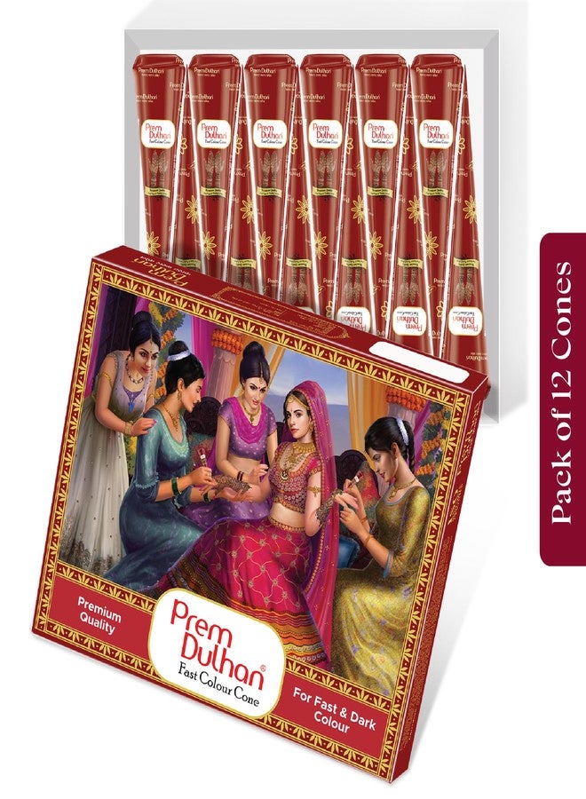 Prem Dulhan Hand Designing | instant Color cone for Hands | for Fast & Dark Colour | Long Lasting | For Men Women | 12 Pieces of 25gm | Fast Red Colour Cone - 300 GRM (Red) - Image 2