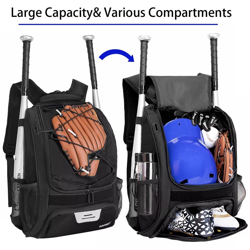 DAFISKY Baseball Bag Softball Backpack - Youth Adult T Ball Bat Equipment Bag with Bat and Helmet Holders, Shoe Compartment and Hook, Black - Image 3