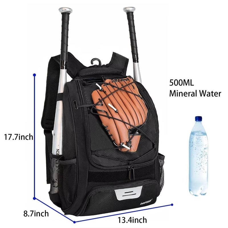 DAFISKY Baseball Bag Softball Backpack - Youth Adult T Ball Bat Equipment Bag with Bat and Helmet Holders, Shoe Compartment and Hook, Black - Image 2