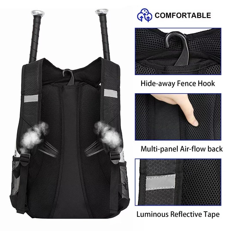 DAFISKY Baseball Bag Softball Backpack - Youth Adult T Ball Bat Equipment Bag with Bat and Helmet Holders, Shoe Compartment and Hook, Black - Image 5