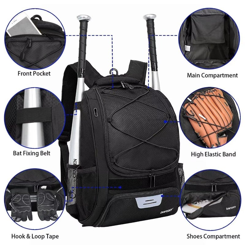 DAFISKY Baseball Bag Softball Backpack - Youth Adult T Ball Bat Equipment Bag with Bat and Helmet Holders, Shoe Compartment and Hook, Black - Image 4