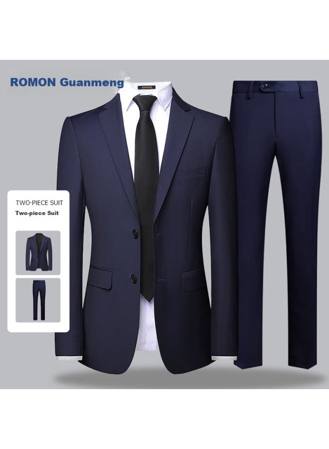 Romon Suit Set For Men, Small Suit Jacket, Professional Formal Wear, Slim Fit Casual Groomsman Suit, Navy Blue 6XL - Image 1