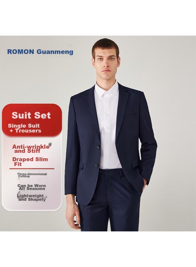 Romon Suit Set For Men, Small Suit Jacket, Professional Formal Wear, Slim Fit Casual Groomsman Suit, Navy Blue 6XL - Image 3