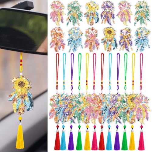 JenPen 12 Pcs Diamond Painting Car Ornaments Diamond Art Ornament for Car Double Sided Painting Hanging Ornament Crystal Gem Garden Decoration Paint DIY KitDream Catcher - Image 1
