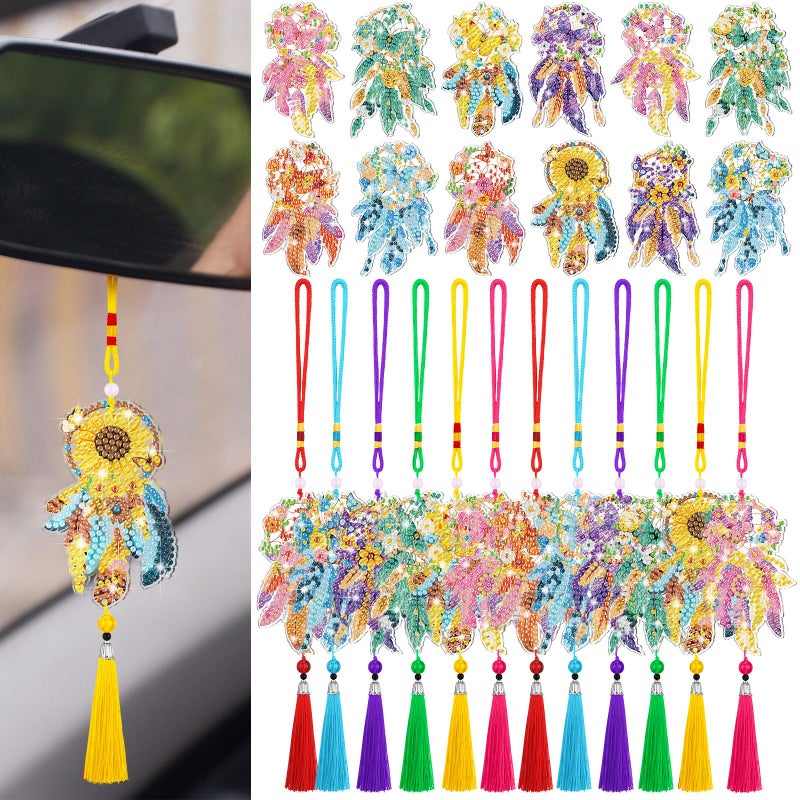 JenPen 12 Pcs Diamond Painting Car Ornaments Diamond Art Ornament for Car Double Sided Painting Hanging Ornament Crystal Gem Garden Decoration Paint DIY KitDream Catcher - Image 2