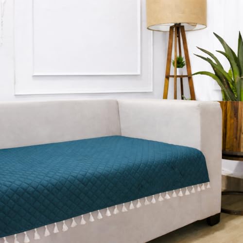 STITCHNEST 1 Seater Quilted Velvet Sofa Cover with Tassels | Elegant Castleton Green Sofa Protector for Living Room | Soft, Washable | Perfect for Enhancing Living Room Interiors - Image 1