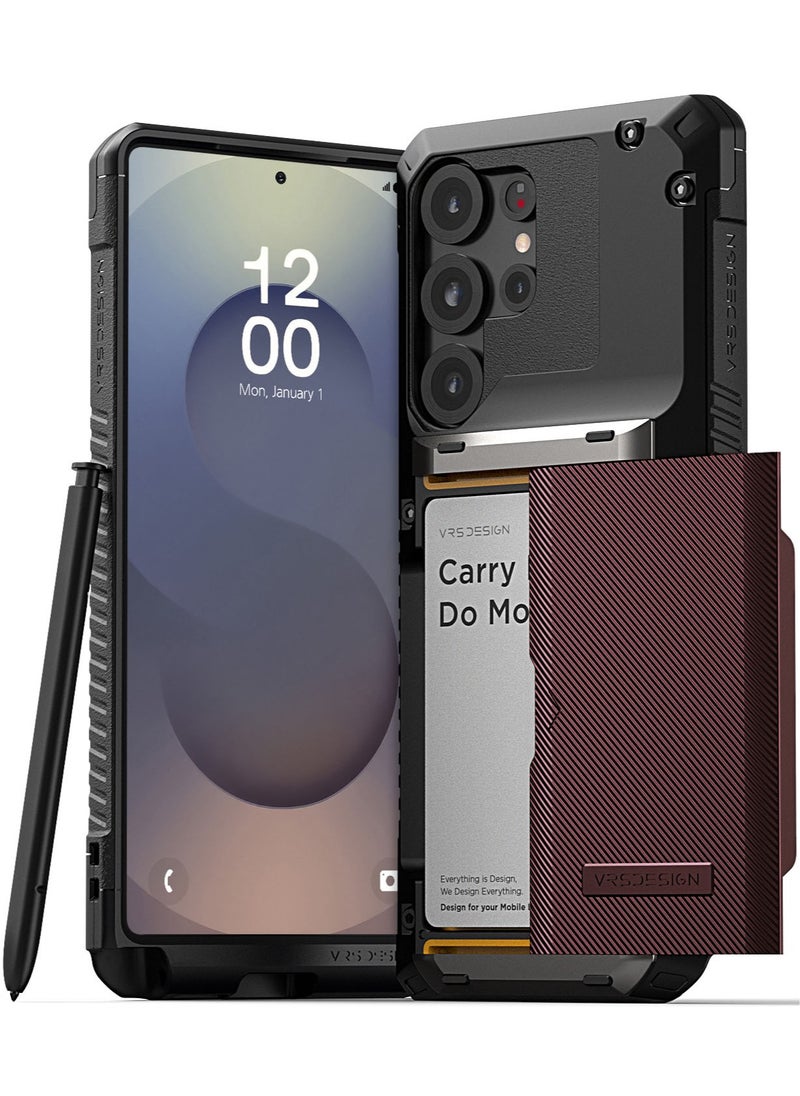 VRS Design Damda Glide Pro Samsung Galaxy S25 ULTRA Case Cover Wallet with Semi Automatic Credit Card Holder Slot [4 Cards] - Metallic Red Groove  - Image 1