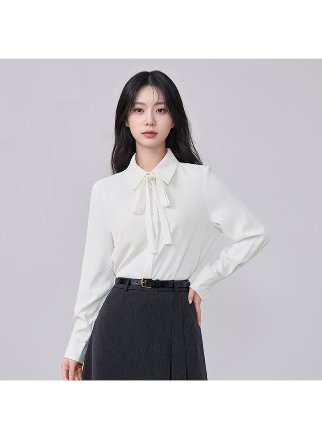 Teluoman Women's White Non-iron Long Sleeve French Bow Tie Shirt Office Ol Blouse Professional Interview Workwear Shirt - Image 2