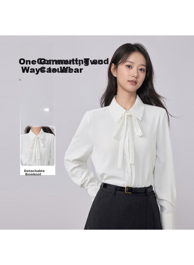 Teluoman Women's White Non-iron Long Sleeve French Bow Tie Shirt Office Ol Blouse Professional Interview Workwear Shirt - Image 1