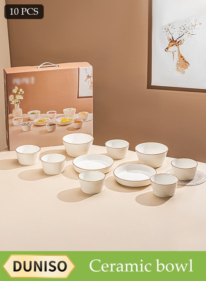 DUNISO 10-Piece White Ceramic Bowl And Plate Set With Brown Rim, Microwave Safe, Sauce Plate, Dipping Bowl, Serving Bowl, Stackable, For Dessert, Appetizer, Ketchup, Salad, Sushi, Noodles, Soup, No Open Flames Allowed, Crockery Tableware Set，Ceramic Tableware - Image 1