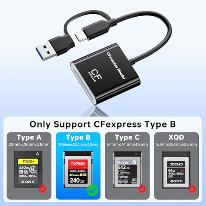 rayihni CFEXPRESS TYPE B CARD READER WITH USB 3.2 (GEN 2) 10GBPS, USB-C & USB-A 2-IN-1 TYPE B CFEXPRESS ADAPTER, CF EXPRESS TYPE B CARD READER COMPATIBLE WITH WINDOWS/MAC/LINUX/ANDROID(NOT FOR XQD CARD) - Image 2