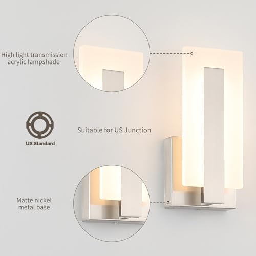 Joosenhouse LED Wall Sconce Set of 2, Hardwired Dimmable Wall Mounted Lights, Indoor Wall Lights for Hallway, Bedroom, Study, Living Room, 9.76 Inch Brushed Nickel Wall Sconce Lighting - Image 2