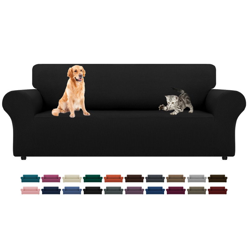 LURKA Stretch Sofa Slipcovers Couch Covers for 3 Cushion Couch Sofa Pet Friendly Non Slip Sofa Cover Washable Furniture Protector with Elastic Bottom (Large, Black) - Image 1