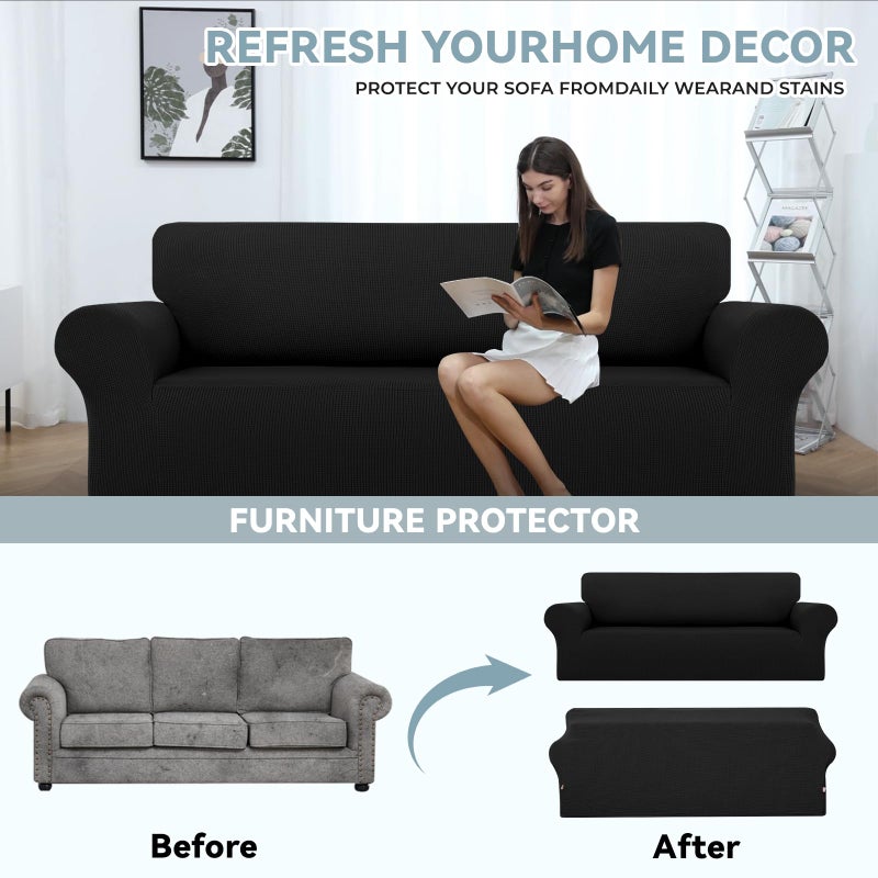 LURKA Stretch Sofa Slipcovers Couch Covers for 3 Cushion Couch Sofa Pet Friendly Non Slip Sofa Cover Washable Furniture Protector with Elastic Bottom (Large, Black) - Image 4