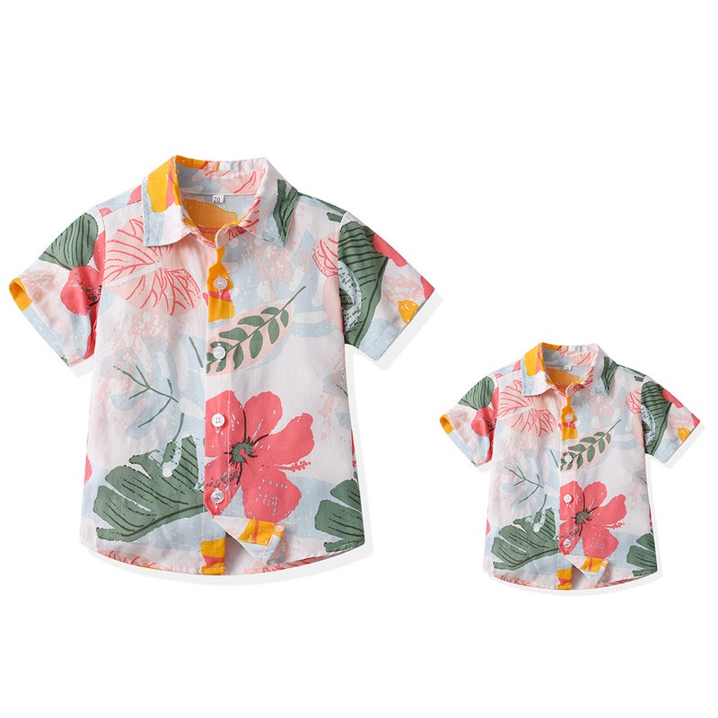 Summer Family Wear Flower Short-Sleeved Cotton Shirt Lapel Beach Vacation Parent-Child Trendy Versatile Printed Casual Cardigan - Image 1