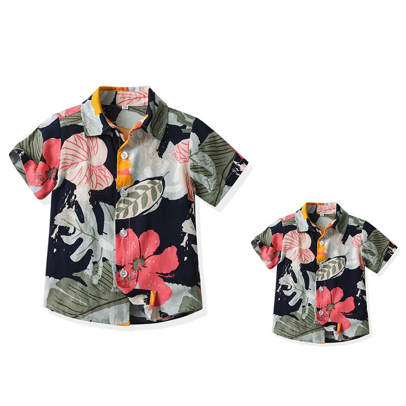 Summer Family Wear Flower Short-Sleeved Cotton Shirt Lapel Beach Vacation Parent-Child Trendy Versatile Printed Casual Cardigan - Image 3