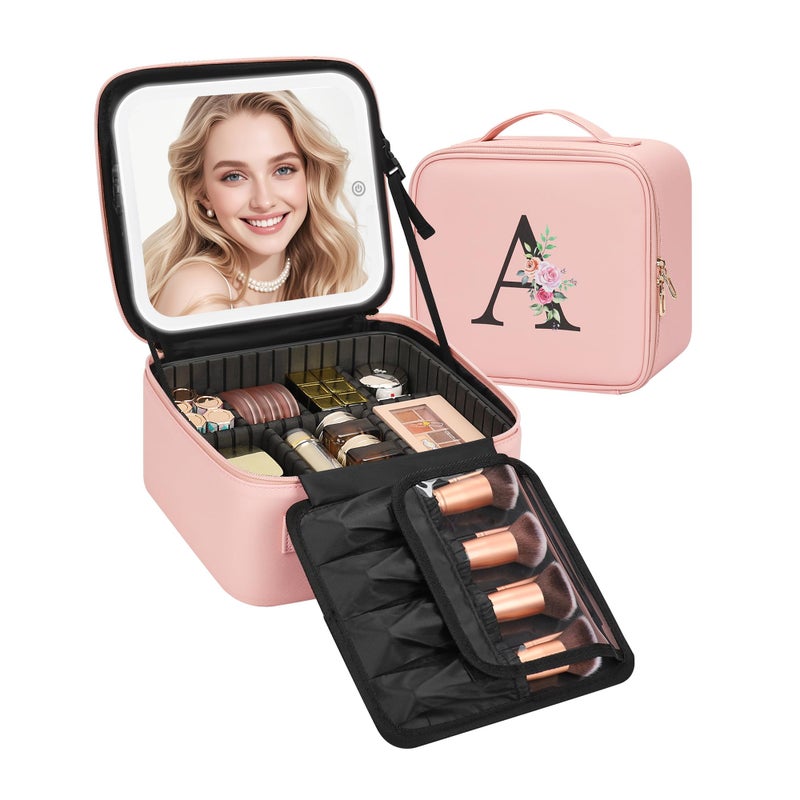 Relavel Initial Makeup Bag with LED Mirror for Women, Personalized Travel Cosmetic Organizer Train Case, Christmas Gifts for Teens Girls Grandkids Graduation Teacher Friends, Trendy Stuff, Pink A - Image 1