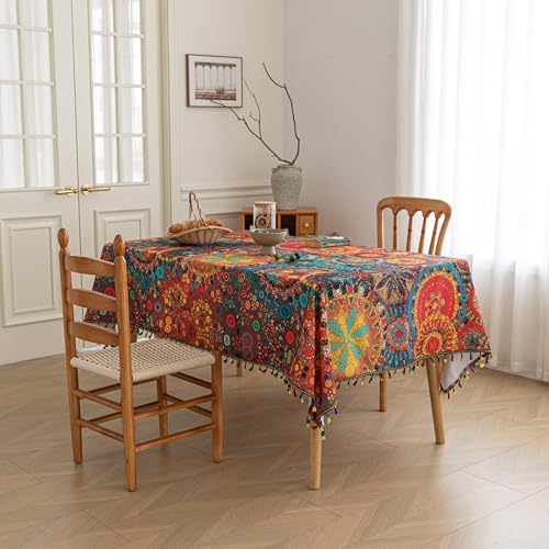Erbnaryx Boho Tablecloth for Square Tables,Fringed Edges with Geometric Pattern Tablecloths,Farmhouse Floral Table Cover Cloth Decorative for Kitchen Dining Room,59"x 86" - Image 2
