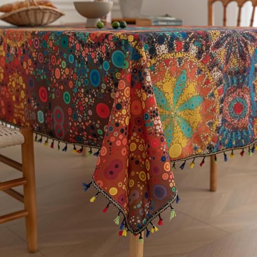 Erbnaryx Boho Tablecloth for Square Tables,Fringed Edges with Geometric Pattern Tablecloths,Farmhouse Floral Table Cover Cloth Decorative for Kitchen Dining Room,59"x 86" - Image 1