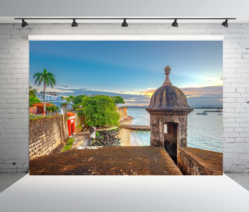 BELECO 7x5ft Fabric Puerto Rico Backdrop San Juan, Puerto Rico Caribbean Coast Along Paseo de la Princesa Background for Party Decorations Home Wall Decor Photo Booth Shoot Studio Props - Image 3