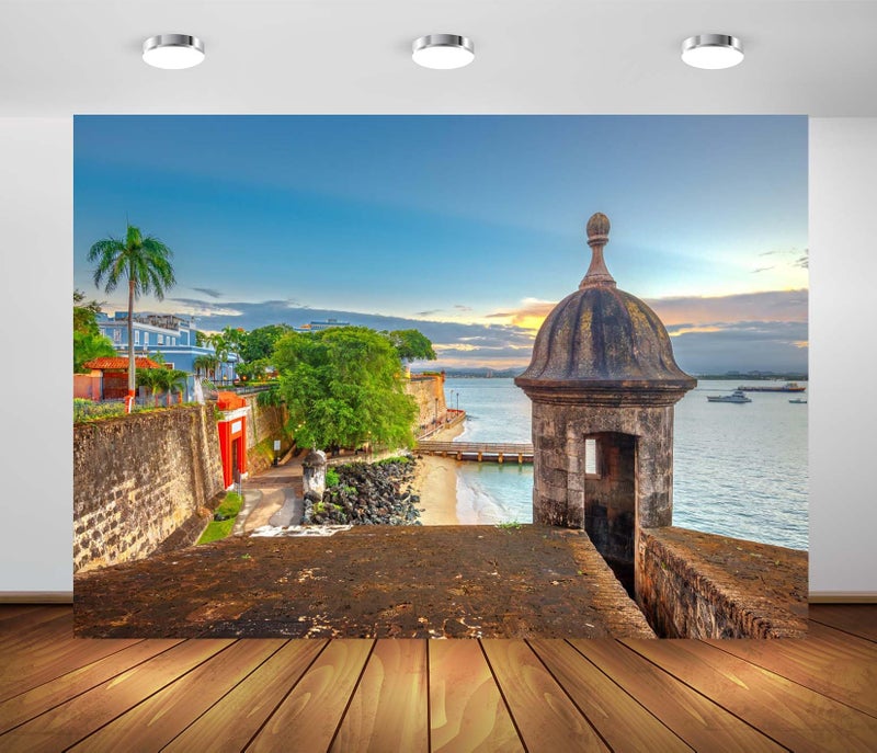 BELECO 7x5ft Fabric Puerto Rico Backdrop San Juan, Puerto Rico Caribbean Coast Along Paseo de la Princesa Background for Party Decorations Home Wall Decor Photo Booth Shoot Studio Props - Image 1