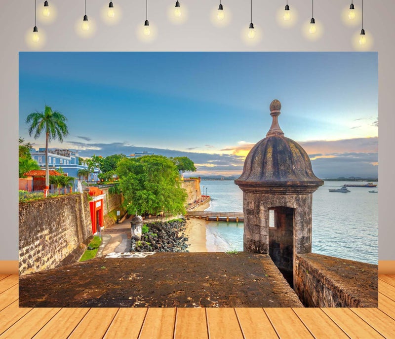 BELECO 7x5ft Fabric Puerto Rico Backdrop San Juan, Puerto Rico Caribbean Coast Along Paseo de la Princesa Background for Party Decorations Home Wall Decor Photo Booth Shoot Studio Props - Image 2