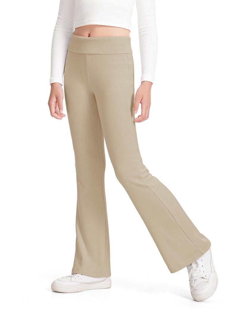 BOOPH Girls Leggings Kids Flare Leggings Fold Over Waistband Casual Bell Bottom Pants for Teens, Khaki, 11-12 Years - Image 1