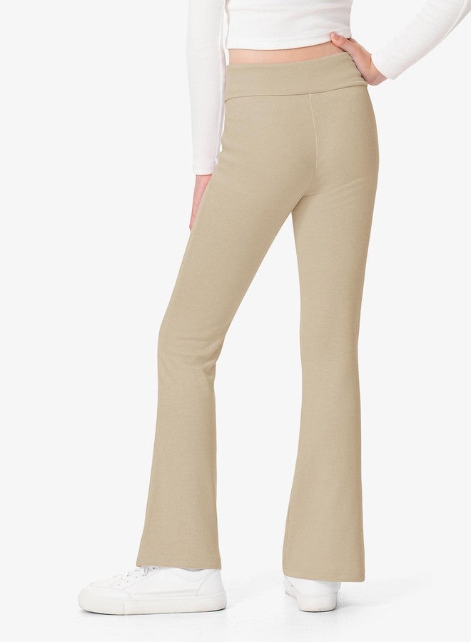 BOOPH Girls Leggings Kids Flare Leggings Fold Over Waistband Casual Bell Bottom Pants for Teens, Khaki, 11-12 Years - Image 3