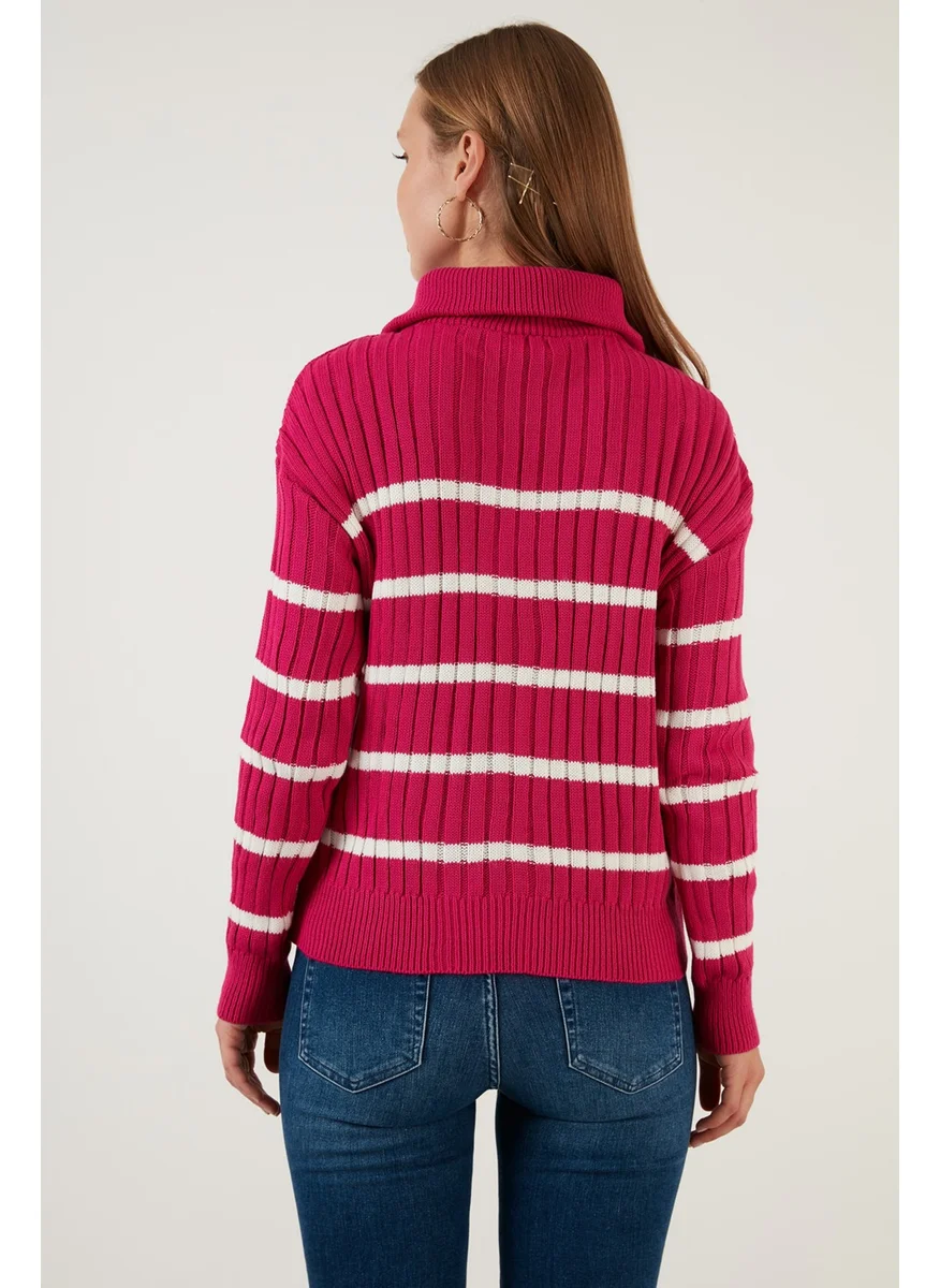 Lela Striped Zippered Turtleneck Knitted Sweater Women's Sweater 63622458