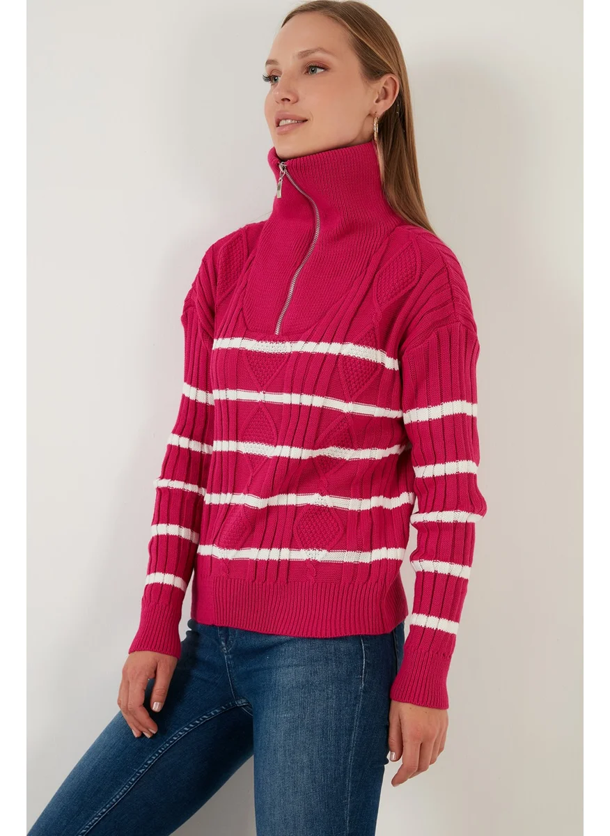 Lela Striped Zippered Turtleneck Knitted Sweater Women's Sweater 63622458
