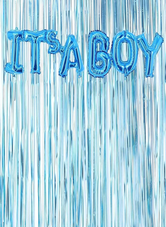 Secret Blue Metallic Fringe Curtains & It's A Boy Foil Balloon Kit- Baby Shower Decorations Blue Wall Decoration Pastel Blue Photo Prop Backdrop Boys Birthday Party (Blue, Pack of 2)