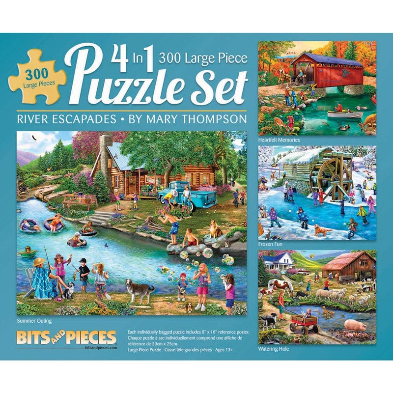 Bits and Pieces 4in1 MultiPack 300 Piece Jigsaw Puzzles for Adults River Escapades by Artist Mary Thompson Completed Puzzle Size 16 x 20