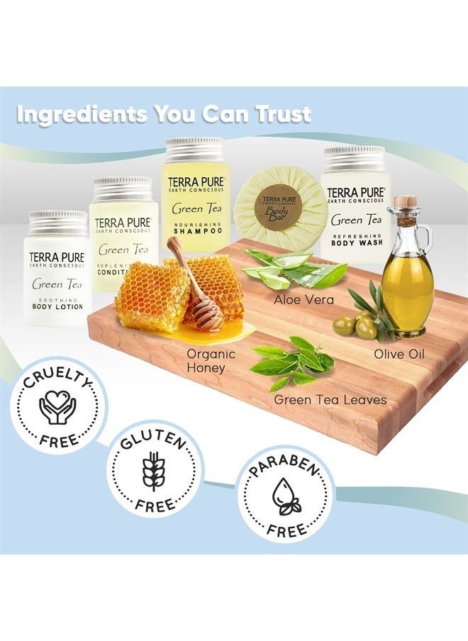 Terra Pure - Hotel Soaps and Toiletries Bulk Set | 1-Shoppe All-In-Kit Amenities for Hotels | 1oz Hotel Shampoo & Conditioner, Body Wash, Body Lotion & 1.25oz Bar Soap Travel Size | 300 Pieces - Image 1