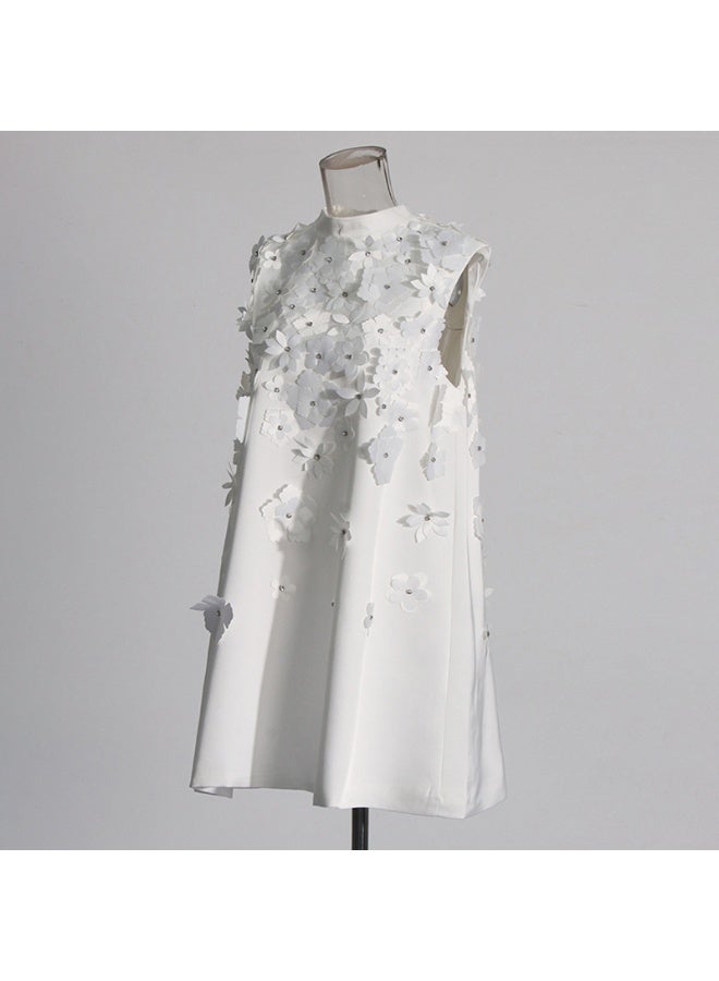 Madam Uniq Elegant White 3D Floral Mini Dress, Sleeveless & High Neck, Formal/Casual Outfit - Image 2