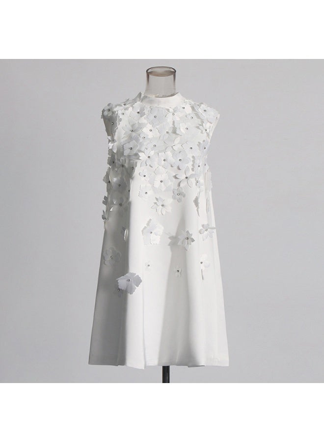 Madam Uniq Elegant White 3D Floral Mini Dress, Sleeveless & High Neck, Formal/Casual Outfit - Image 4