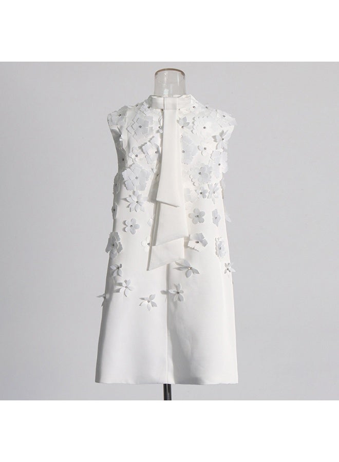 Madam Uniq Elegant White 3D Floral Mini Dress, Sleeveless & High Neck, Formal/Casual Outfit - Image 3