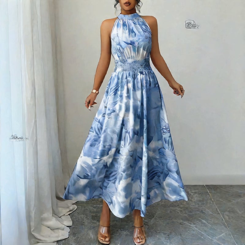 Women's Sleeveless Halter Neck Dress with Ruffle Hem and Cinched Waist - Image 4