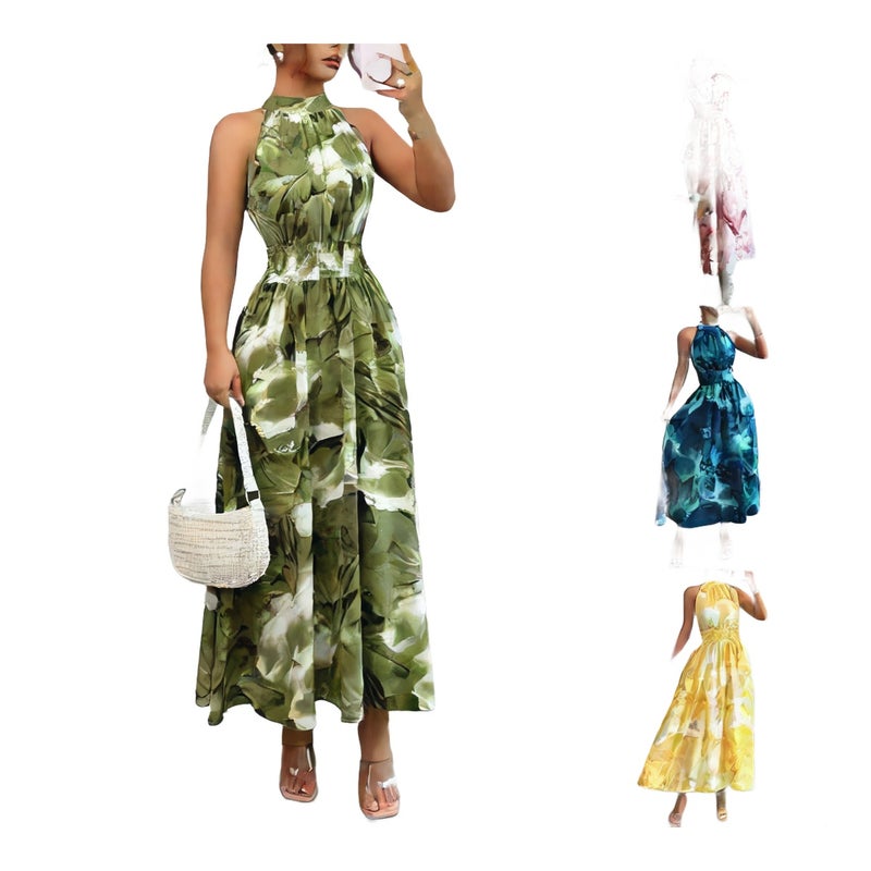 Women's Sleeveless Halter Neck Dress with Ruffle Hem and Cinched Waist - Image 1