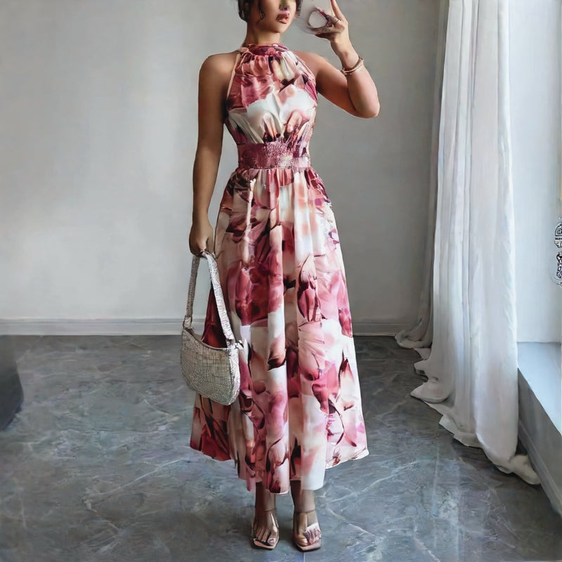 Women's Sleeveless Halter Neck Dress with Ruffle Hem and Cinched Waist - Image 2
