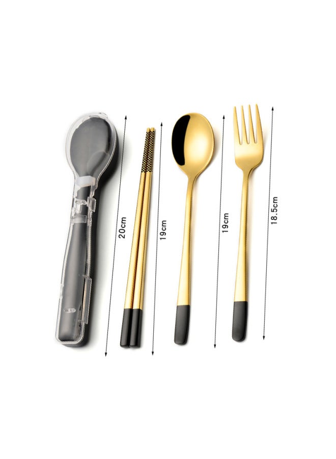 304 Stainless Steel Portable Tableware Three-Piece Gift Tableware Outdoor Camping Student Tableware Spoon Fork Chopsticks Set-Specifications:Golden Ink Black Three-piece Set ] - Image 1