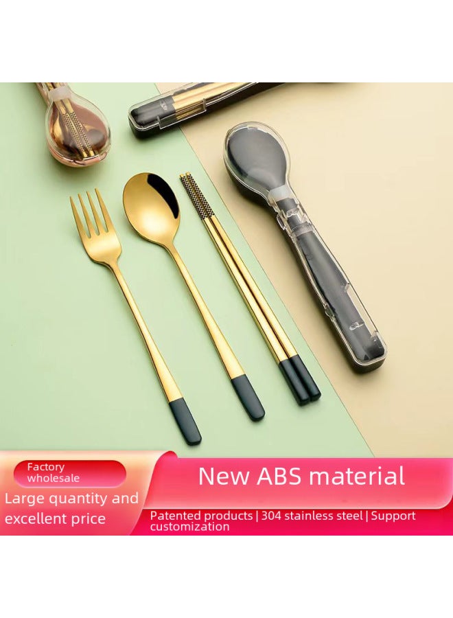 304 Stainless Steel Portable Tableware Three-Piece Gift Tableware Outdoor Camping Student Tableware Spoon Fork Chopsticks Set-Specifications:Golden Ink Black Three-piece Set ] - Image 3