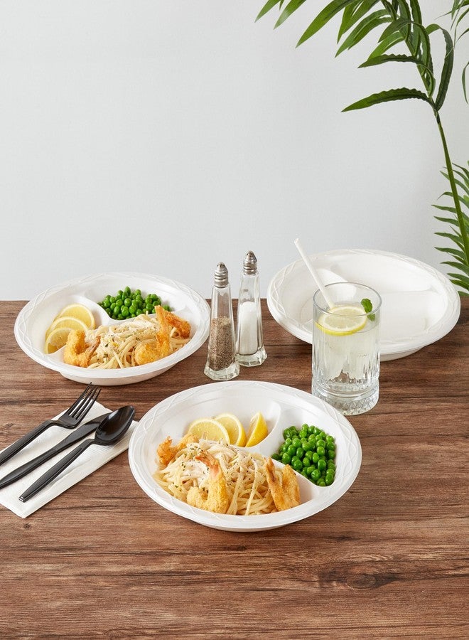 Restaurantware أطباق طعام ميكروويف من رستورانت وير - قاعدة 10.4 بوصة، 100 طبق بلاستيكي دائري - 3 أقسام، قابلة للتخلص، أطباق عشاء بلاستيكية بيضاء، لتقديم الأطعمة الساخنة والباردة، للمطاعم والمقاهي - Image 5